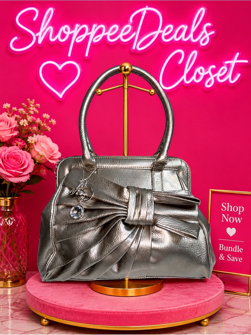 ELLE Y2K Metallic Silver Bow Satchel Handbag Crystal Charm Purse